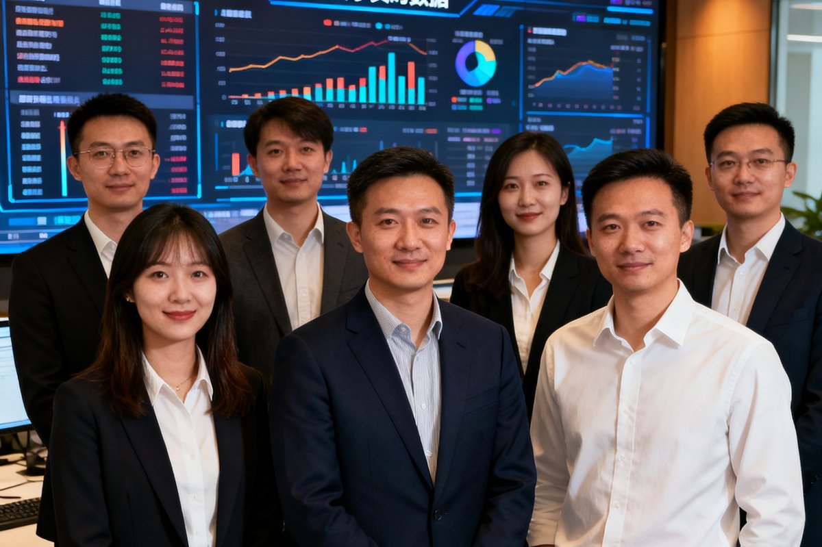 开云体育核心团队成员在办公室合影，背景是数据监控大屏，显示着全球赛事实时数据