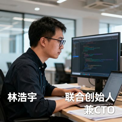林浩宇，联合创始人兼CTO，戴着眼镜专注地查看代码