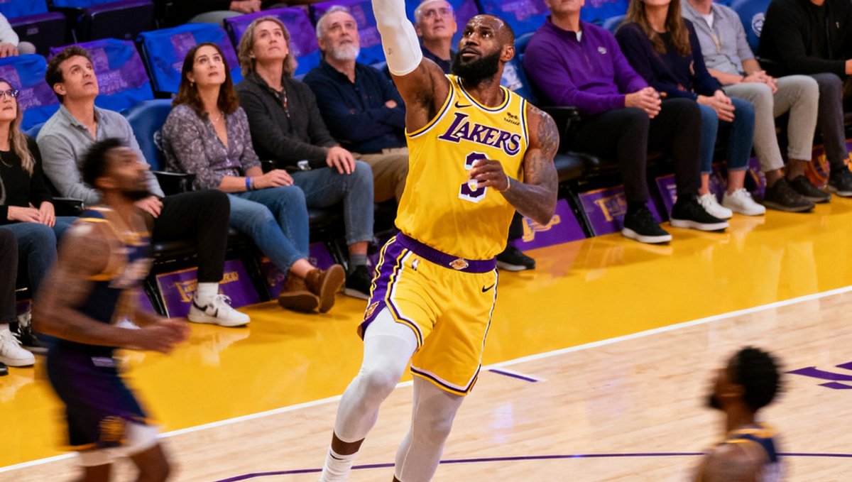 NBA单场集锦，湖人队球星在三分线外起跳投篮，全场观众屏息凝神